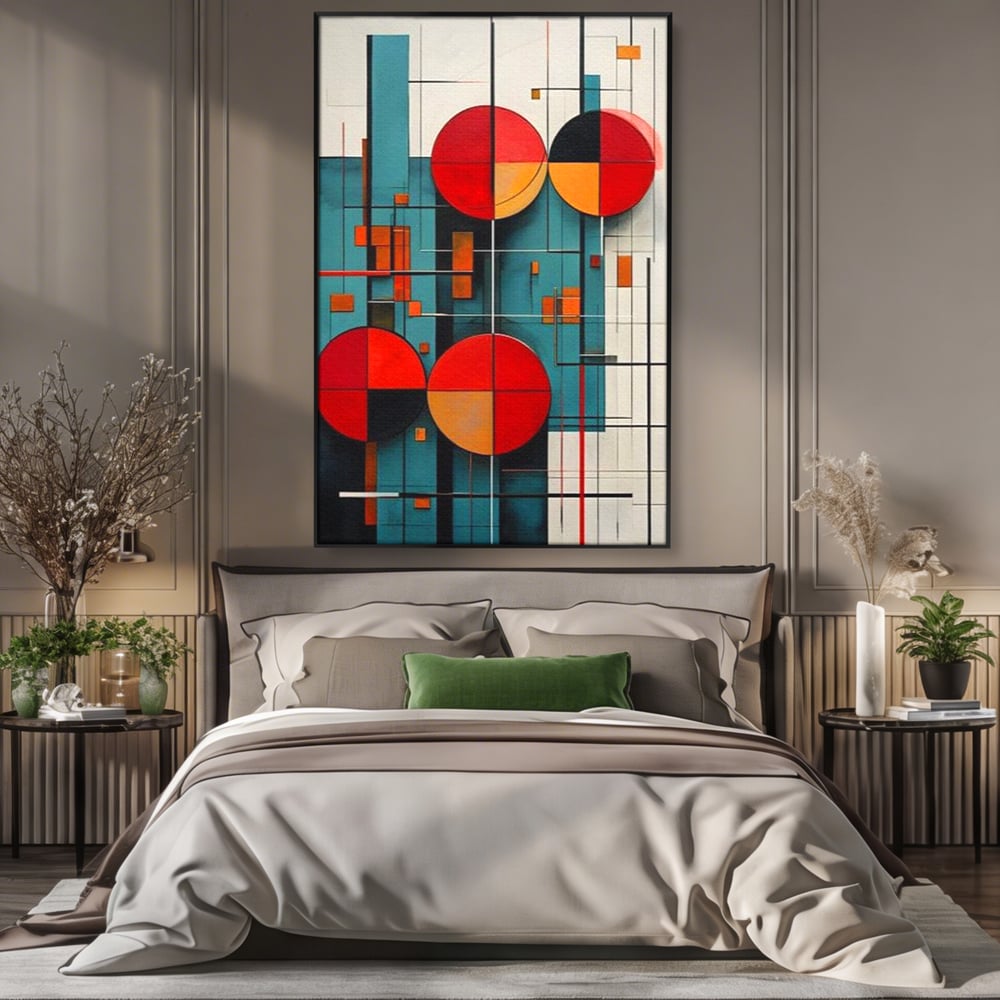 Tablou canvas cu tablou canvas cu cercuri geometrice, in rama de aluminiu negru, pe perete intr-un dormitor